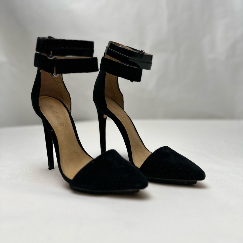 L.A.M.B. Black Ankle Strap Heels (Oxley II)